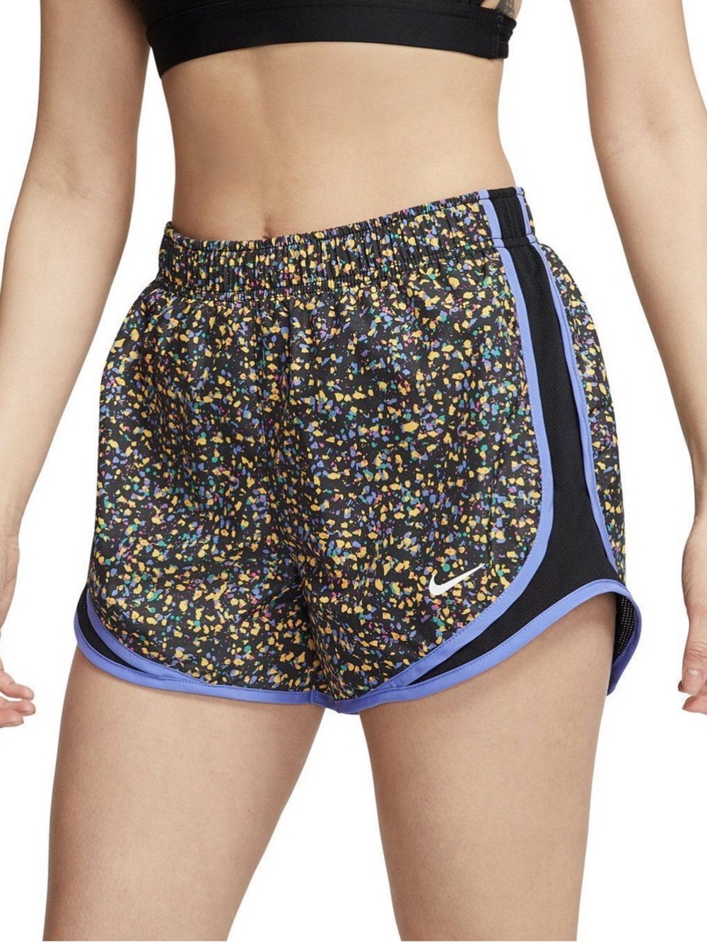 Nike Women's Black Confetti Running Shorts with Lavender Trim